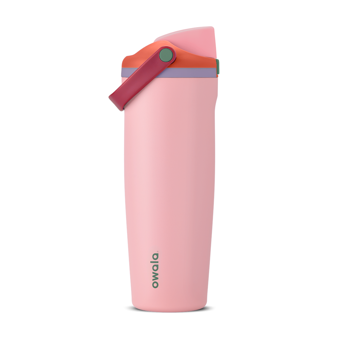 Tall, slim, light pink water bottle with a coral pink flip-top lid and maroon handle, accented by a lavender band near the top.
